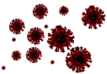 Red small cells of virus. Virus molecules isolated. Coronavirus particles. Viruses of different sizes in non-visibility. Coronavirus particles on a white background. Pandemic covid 19. 3d rendering.