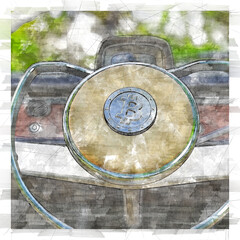 Stylised illustration of a luxury car steering wheel with a bitcoin emblem. - 447146703