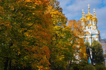 Saint Petersburg autumn. Tsarskoe Selo in Russia. Domes of Catherine Church. Sights of Saint Petersburg. Russian autumn. Landscape of Tsarskoe Selo. Temple in city of Pushkin. Cities of Russia.