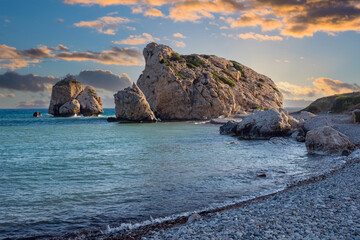 Cyprus beaches. Rock Aphrodite. Sunset over cliffs of Cyprus. Beach near Paphos town. Sunset over...