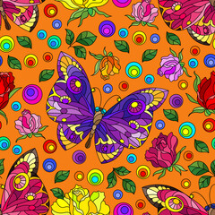 Seamless pattern with rose flowers and butterflies, bright flowers and insects on an orange background