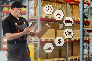 Employee fulfillment center. Man works in fulfillment center. Storage racks are behind him....