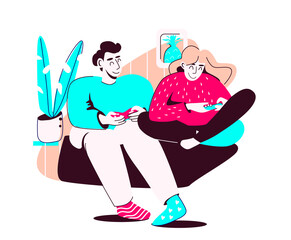 A young man and a woman play consoles while sitting on the couch together in a familiar home environment. The concept of a family evening together. Vector illustration isolated on white background.