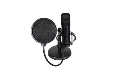 Studio microphone and pop filter isolated on white background