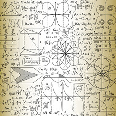 Math vector seamless pattern with handwritten formulas, calculations, figures, chalk writings on the old yellow paper effect	
