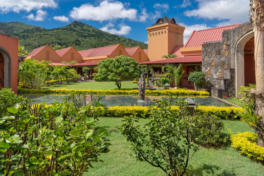 Mauritius, April 27, 2018: The entrance hall of the distillery "Rhumerie de Chamarel". It is one of the rare distilleries still in activity that is cultivating its own sugarcane.