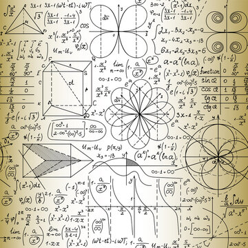 Math vector seamless pattern with handwritten formulas, calculations, figures, chalk writings on the old yellow paper effect © Marina Sun