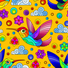 Fototapeta premium Seamless pattern with bright Hummingbird birds, clouds and flowers, bright birds on an orange background