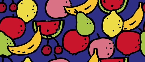 Seamless pattern with colorful fruits, berries. Hand painted style. Rough grunge brush stroke texture.