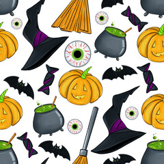 Set of flat hand draw badges for decorating Halloween greeting and promotional items. Sticker, badge and logo in the form of a pumpkin, eyes, drink, hat. Characters and items.