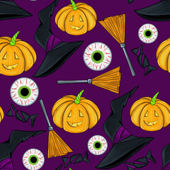 Set of flat hand draw badges for decorating Halloween greeting and promotional items. Sticker, badge and logo in the form of a pumpkin, eyes, drink, hat. Characters and items.