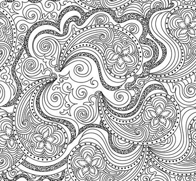 Beautiful abstract vector seamless pattern with handwritten curling lines, doodles and flowers	
