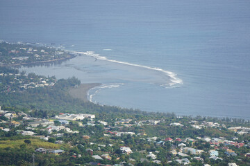 aerial view of the coastline and reef on the tropical island of La Réunion, France