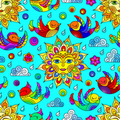Seamless pattern with suns and bright birds on the sky background, birds on a blue background