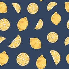 Fresh juicy yellow lemons and lemon slices on a dark blue background. Seamless surface repeat vector pattern.