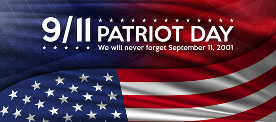 Fototapeta na wymiar Patriot day. September 11, patriot day background. United states flag poster. American flag and text on red and blue with stars background for Patriot Day.