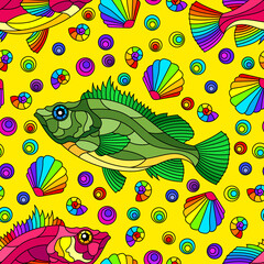 Obraz na płótnie Canvas Seamless pattern on a marine theme with bright rainbow fish and shells, bright fish on a yellow background