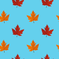 Seamless pattern with maple leaves on blue background. Abstract autumn texture. Design for fabric, wallpaper, textile and decor.