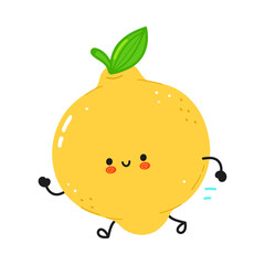 Cute funny running lemon. Vector hand drawn cartoon kawaii character illustration icon. Isolated on white background. Lemon broccoli concept