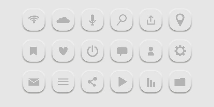 Neomorphism style icons set. Symbols for the user interface of the design software. Collection of flat icons for mobile applications, Wi-Fi, network connections, business. Vector illustration.
