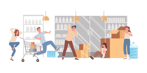 People panic in shop vector flat illustration. Frightened men and women crying, hiding, and running from the dangerous situation. Customers shopping hysteria in supermarket concept.