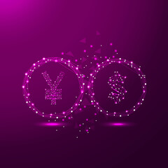 Dollar yuan exchange, trade war in low poly style consisting of points, lines, and shapes in the form of planets, stars and the universe