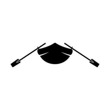 Boat icon. Pleasure boat with oars. Black silhouette. Front view. Vector simple flat graphic illustration. The isolated object on a white background. Isolate.