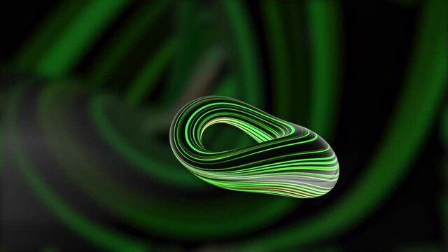 Abstract geometric twisted green striped ring of a complex form. Motion. Bending flashing neon lights of an unusual shape on a background of a tunnel.