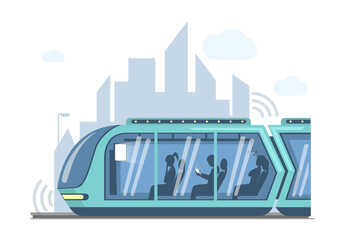 Future public express transport in city vector flat illustration. Futuristic high speed train on background of modern town. Train, locomotive with passengers and cityscape on backdrop.