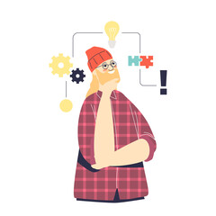 Structural mindset: male cartoon character with creative logical thinking personality