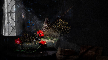 Light from a window, a spider and a country still life.
Picturesque still life. Flowers, spider, feather, light and shadow.