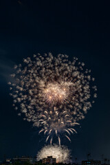 Fuegos artificiales con muchos colores sobre la ciudad y  fondo negro en formato vertical con espacio.