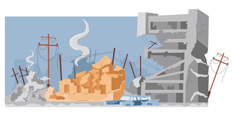 Destroyed city buildings after war or earthquake vector flat illustration. Abandoned and damaged broken constructions. Town in ruins after bomb explosion or disaster. World in collapse concept.