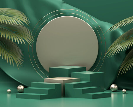 Abstract green steps platform podium showcase for product display with palm leaves 3d render