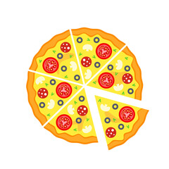 Sliced pizza top view in flat style isolated on white background. Vector stock illustration. 