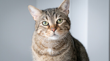 Obraz premium Beautiful domestic tabby cat looking at the camera with white walls in background, close-up shot