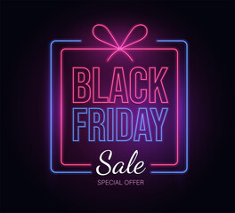 Modern neon Black Friday vector banner template with text. Special offer, seasonal sale advertisement poster design. Luminous gift box on dark background, promotional flyer concept