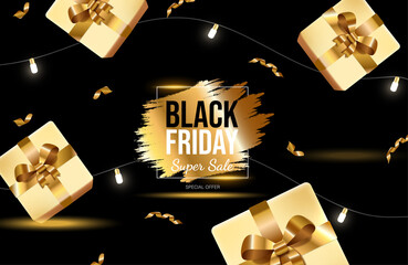 Black Friday bright banner design with golden gift boxes and lights. Super sale vector neon advertisement banner with text. Luminous special offer promotion poster template for seasonal sale.