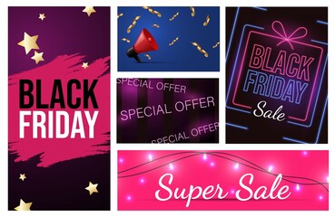 Set of different Black Friday advertising materials design. Special offer, seasonal sale vector neon banner concept. Super sale, holiday discounts poster or flyer with stars and lights.