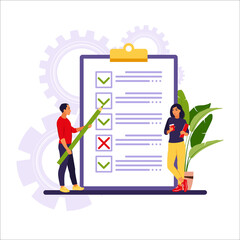 Business people checking completed tasks and prioritizing tasks in to do list. Vector illustration. Isolated flat.