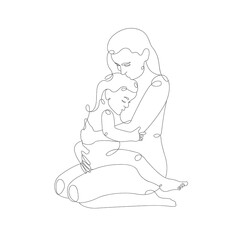 One mother is breastfeeding her grown baby. Happy World Breastfeeding Day concept. One line vector illustration. Woman holds baby in arms. Young woman feeds a child.