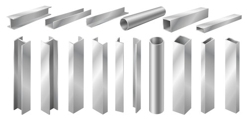 Metal profile and tubes isolated on white background. Different 3d steel beam and pipes