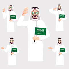 A handsome man with the Saudi Arabia flag. A set of fan emotions. Vector illustration on cartoon style.