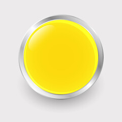 Round yellow button with lens flare effect and chrome border. Yellow and silver colors. Vector illustration.