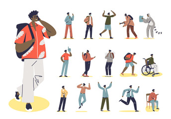 Set of african american male talking on mobile phone in different lifestyle situations and poses