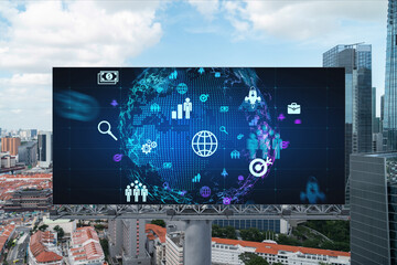 World planet Earth map hologram and social media icons on billboard over panorama city view of Singapore, Southeast Asia. The concept of people networking and connections.