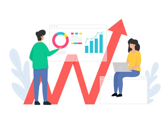 Business analysts analyzes market. Statistic grow data. People collect data and analyse. Vector isolated illustration.