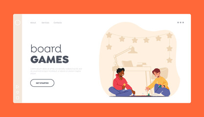 Kids Playing Board Games Landing Page Template. Friends Play Together Sitting on Floor. Joyful Sparetime in Boardgame