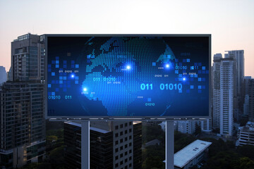 Glowing hologram of Earth planet map on billboard over aerial panoramic cityscape of Bangkok at sunset. The concept of international business in Southeast Asia.