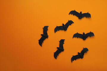 A lot of black bats flying on an orange background. Scary halloween flat lay composition on an orange background. Halloween decoration concept